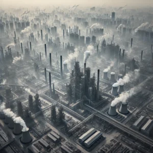 An aerial shot of an industrial city in China with dense smog visibly covering the skyline.