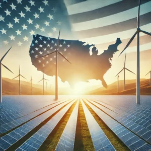 An image showing a field of solar panels and wind turbines in the United States, signifying the shift to renewable energy.