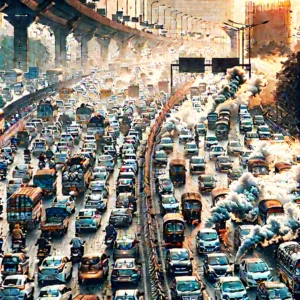 A densely packed highway in India with numerous cars emitting exhaust fumes.