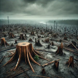 A deforested area with remnants of tree stumps, showing the loss of carbon sinks.