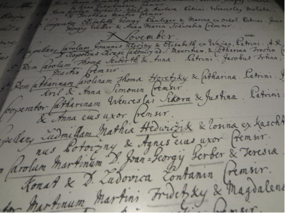 In the Moravian State Archives in Brno, there is a record of the birth of a daughter, Agnes Hedwizik (prior derivation of Hedvicek), born on November 10, 1727, in Kromeriz.