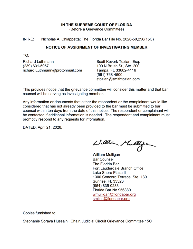 Chiappetta Grievance - Florida Bar Notice