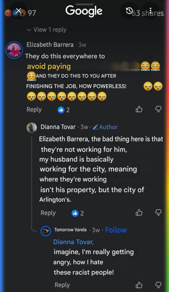 Dianna Tovar, married to the J&L Utilities worker. Her conclusion: "Everyone is RACIST!"