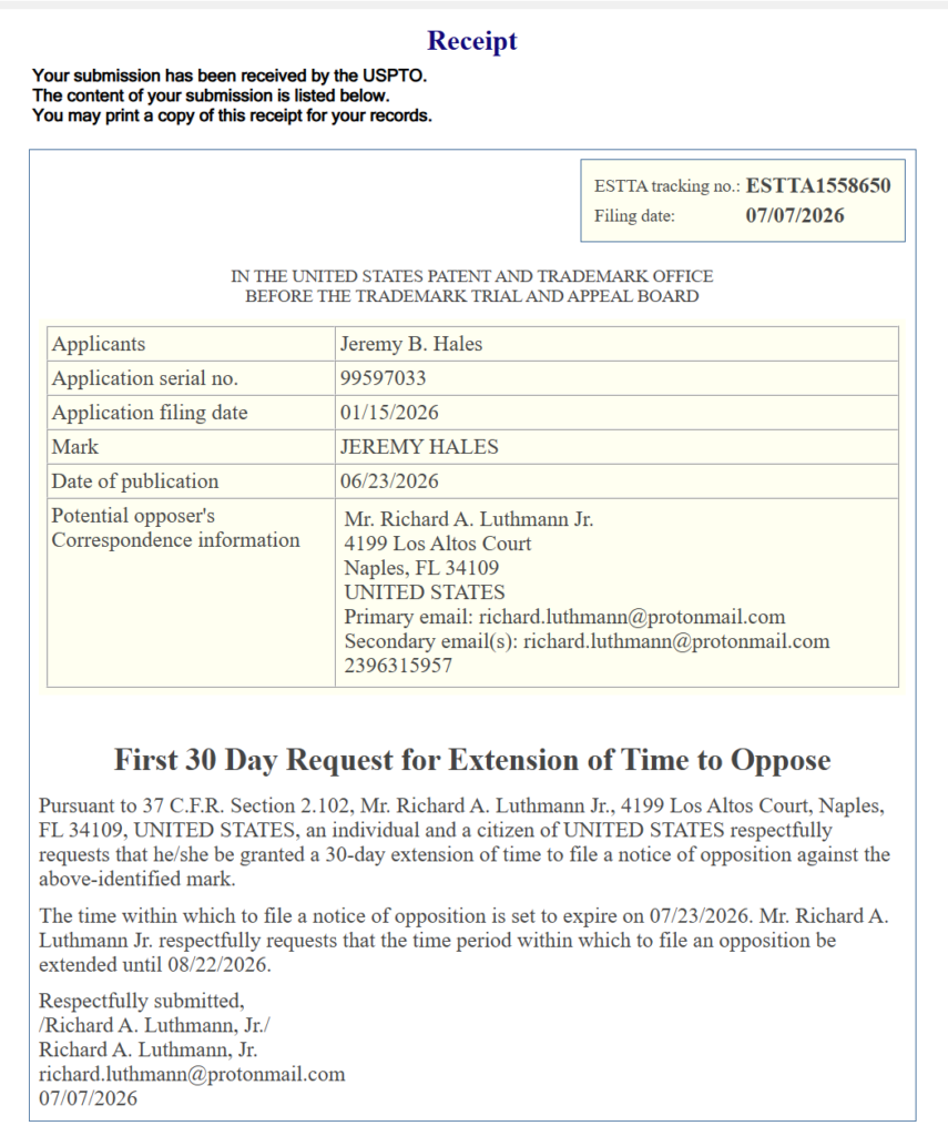Hales Trademark: Request for 30-Day Extension