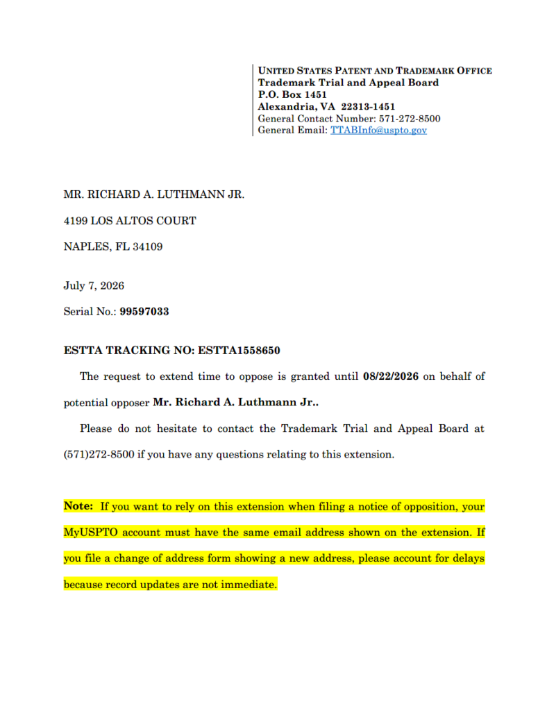 USPTO Trademark Trial and Appeal Board Extension Order