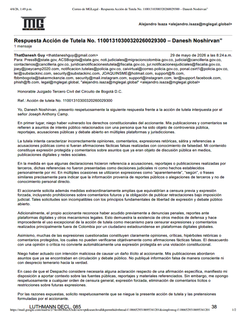 Danesh Email to Colombian Judges 1