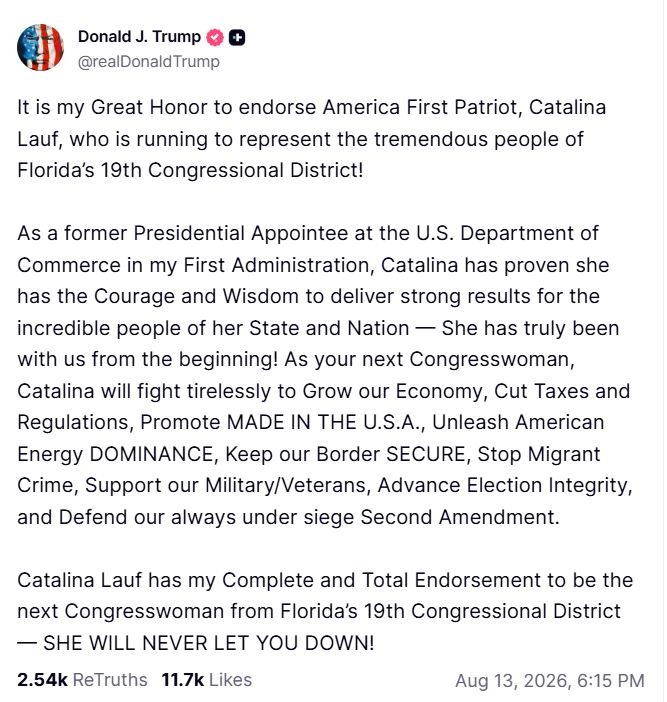 Trump Endosement of Catalina Lauf for FL-19
