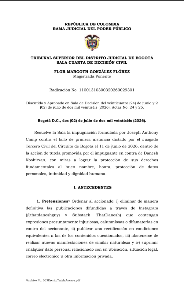 Danesh Faces Digital Exile: Colombian appellate judges order Noshirvan posts removed as Joey Camp and U.S. recognition close in fast.