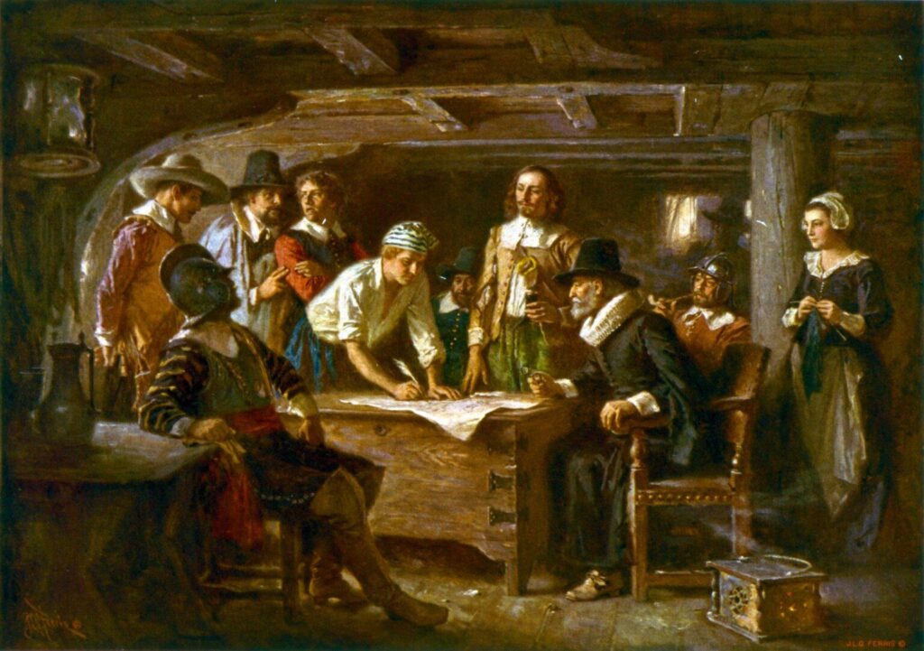 In this later artistic depiction, the Mayflower’s passengers bind themselves to a common political covenant. Reed treats the 1620 Compact as an essential prelude to America’s developing tradition of consent and self-government.